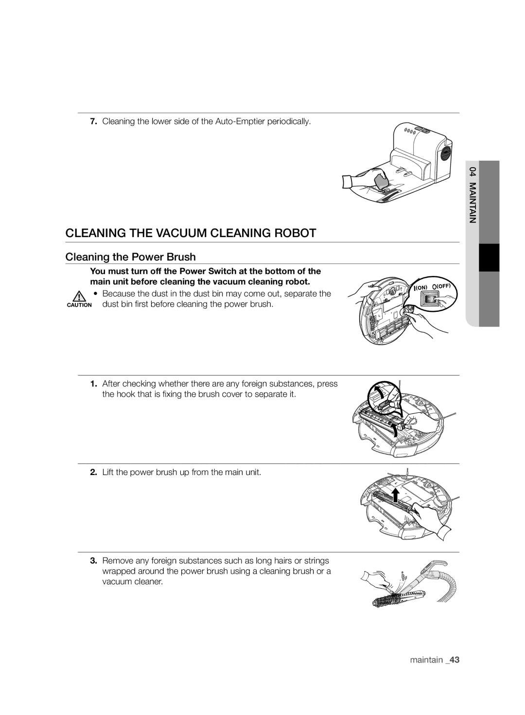 Samsung VCR8980L3K/XET, VCR8980L3K/XEG Cleaning the Power Brush, Cleaning the lower side of the Auto-Emptier periodically 