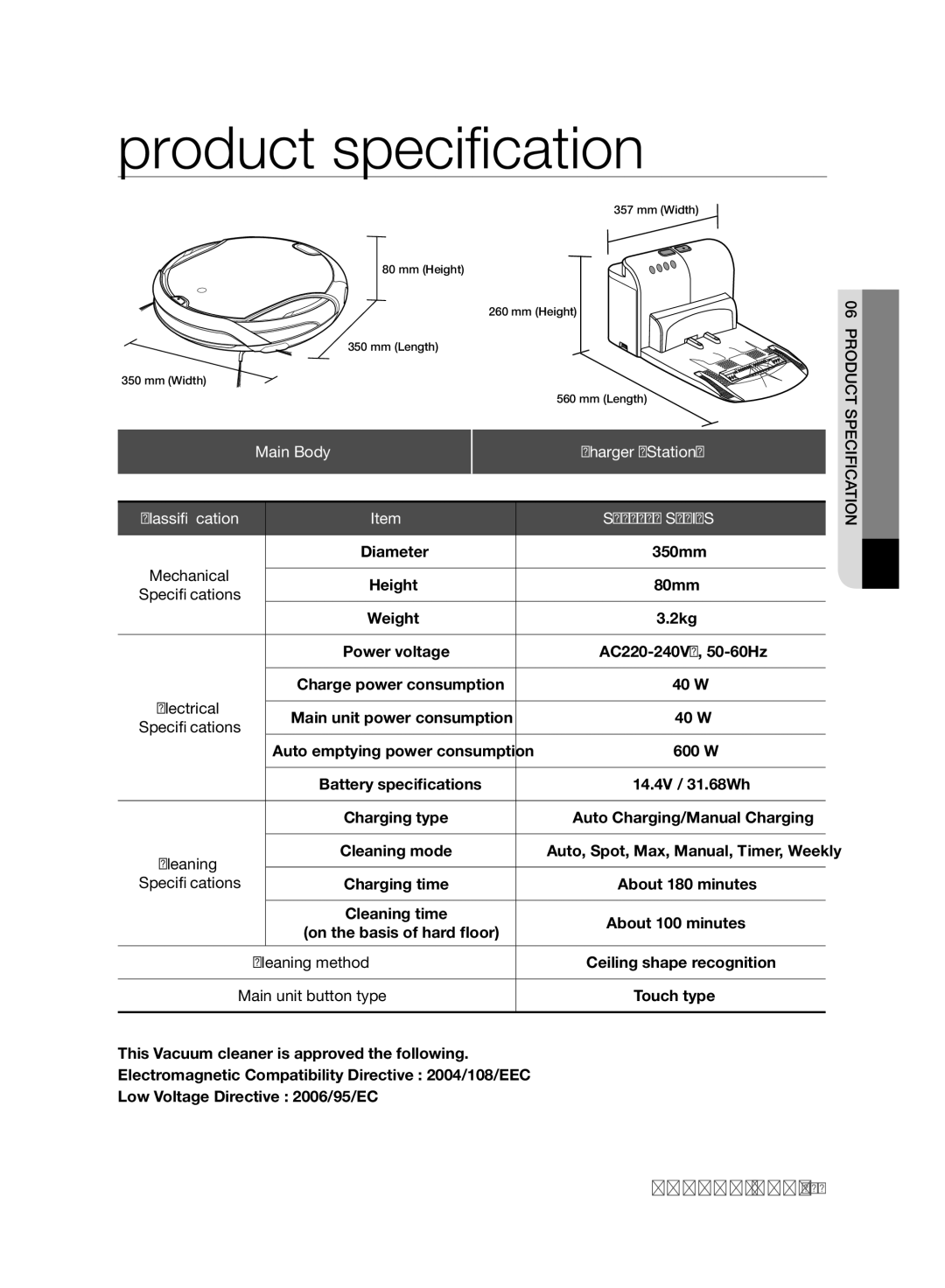 Samsung VCR8980L3K/XEE, VCR8980L3K/XEG, VCR8980L3K/XET Main Body Charger Station, Cleaning method, Main unit button type 