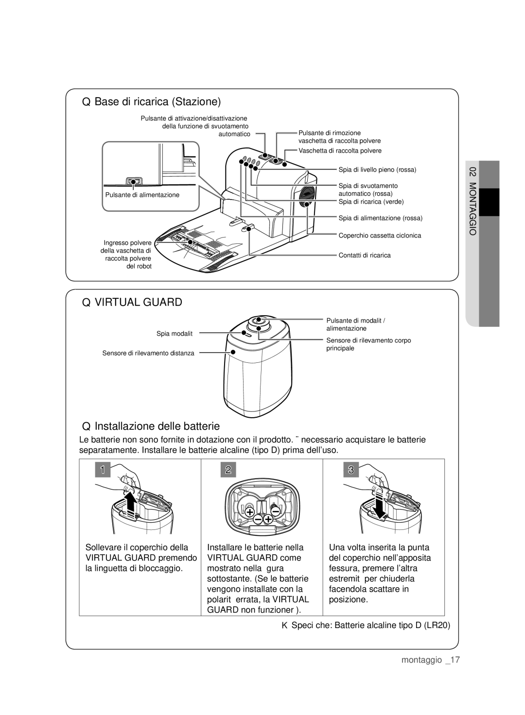 Samsung VCR8980L3K/XEF, VCR8980L3K/XEG, VCR8980L3K/XET, VCR8980L3K/XEO manual Virtual Guard, Installazione delle batterie 