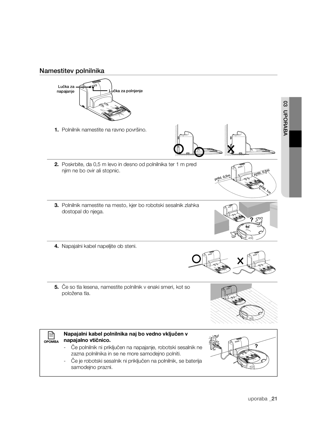 Samsung VCR8980L3K/XEG manual Namestitev polnilnika, Polnilnik namestite na ravno površino, Njim ne bo ovir ali stopnic 