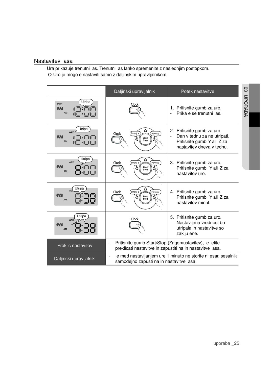 Samsung VCR8980L3K/XEE, VCR8980L3K/XEG, VCR8980L3K/XET, VCR8980L3K/XEF manual Nastavitev časa, Daljinski upravljalnik 