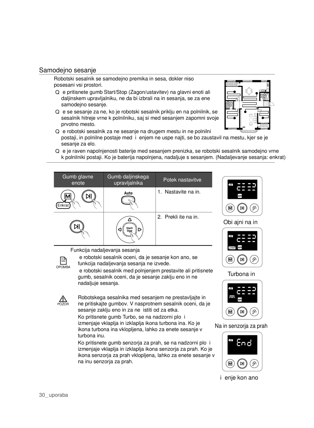 Samsung VCR8980L3K/XEE Samodejno sesanje, Upravljalnika, Nastavite način, Prekličite način, Funkcija nadaljevanja sesanja 