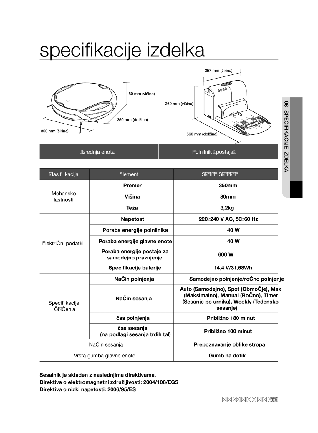 Samsung VCR8980L3K/XEG, VCR8980L3K/XET, VCR8980L3K/XEF manual Osrednja enota Polnilnik postaja, Napetost, Gumb na dotik 