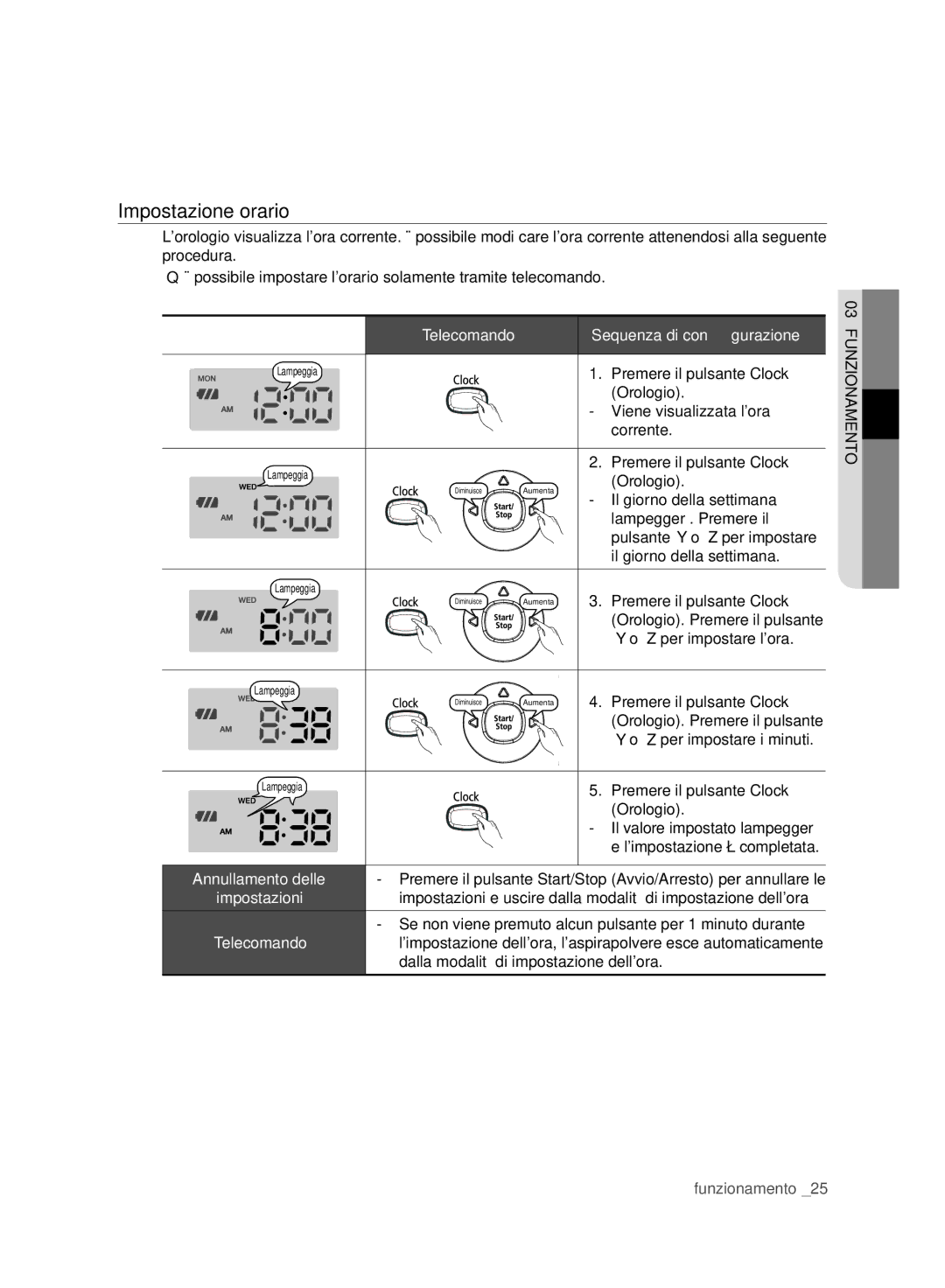 Samsung VCR8980L3K/XEG, VCR8980L3K/XET, VCR8980L3K/XEF, VCR8980L3K/XEO, VCR8980L3K/XEE manual Impostazione orario 