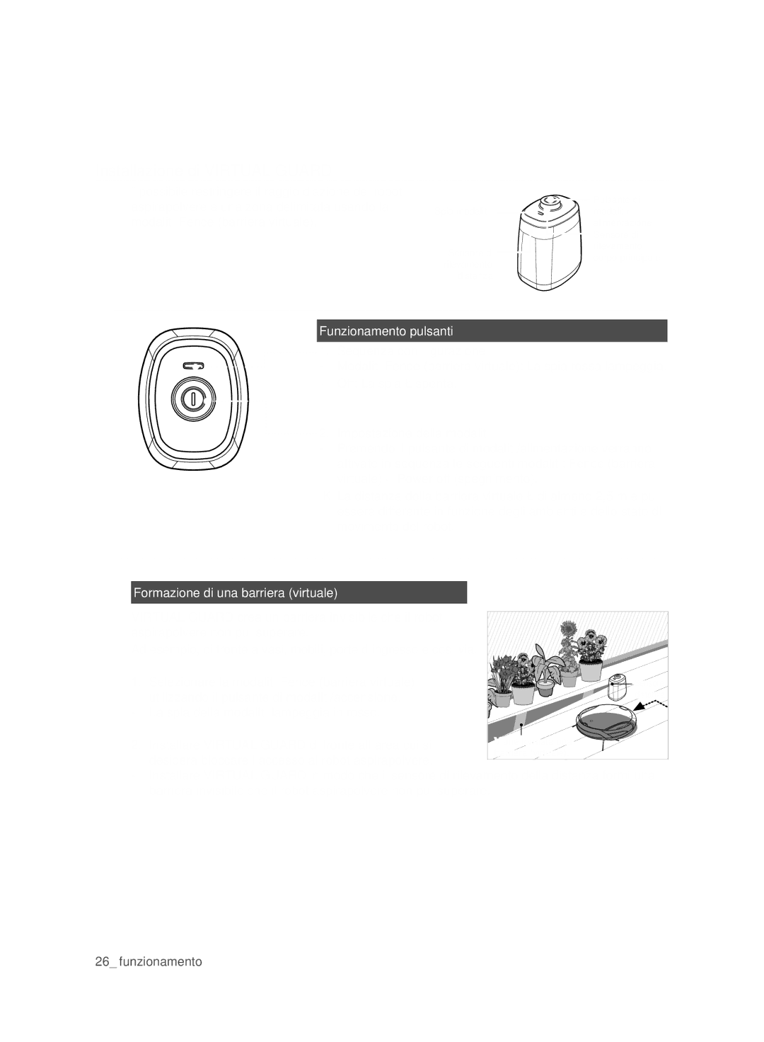 Samsung VCR8980L3K/XET manual Installazione di Virtual Guard, Funzionamento pulsanti, Formazione di una barriera virtuale 