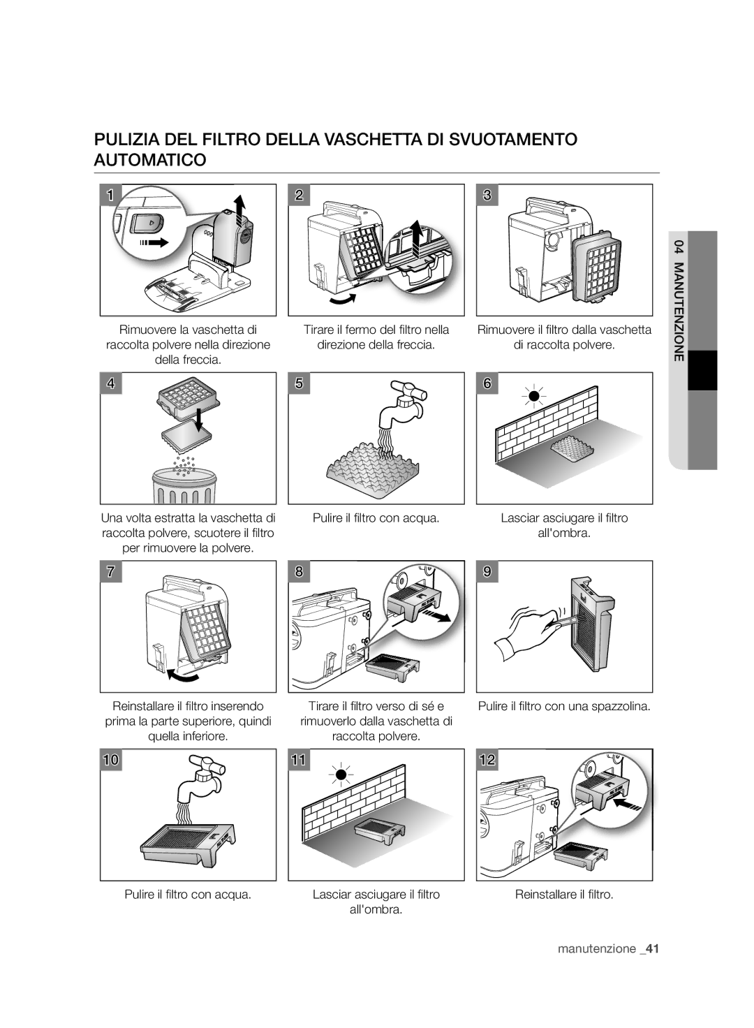 Samsung VCR8980L3K/XET, VCR8980L3K/XEG, VCR8980L3K/XEF manual Di raccolta polvere, Pulire il ﬁ ltro con acqua, Allombra 