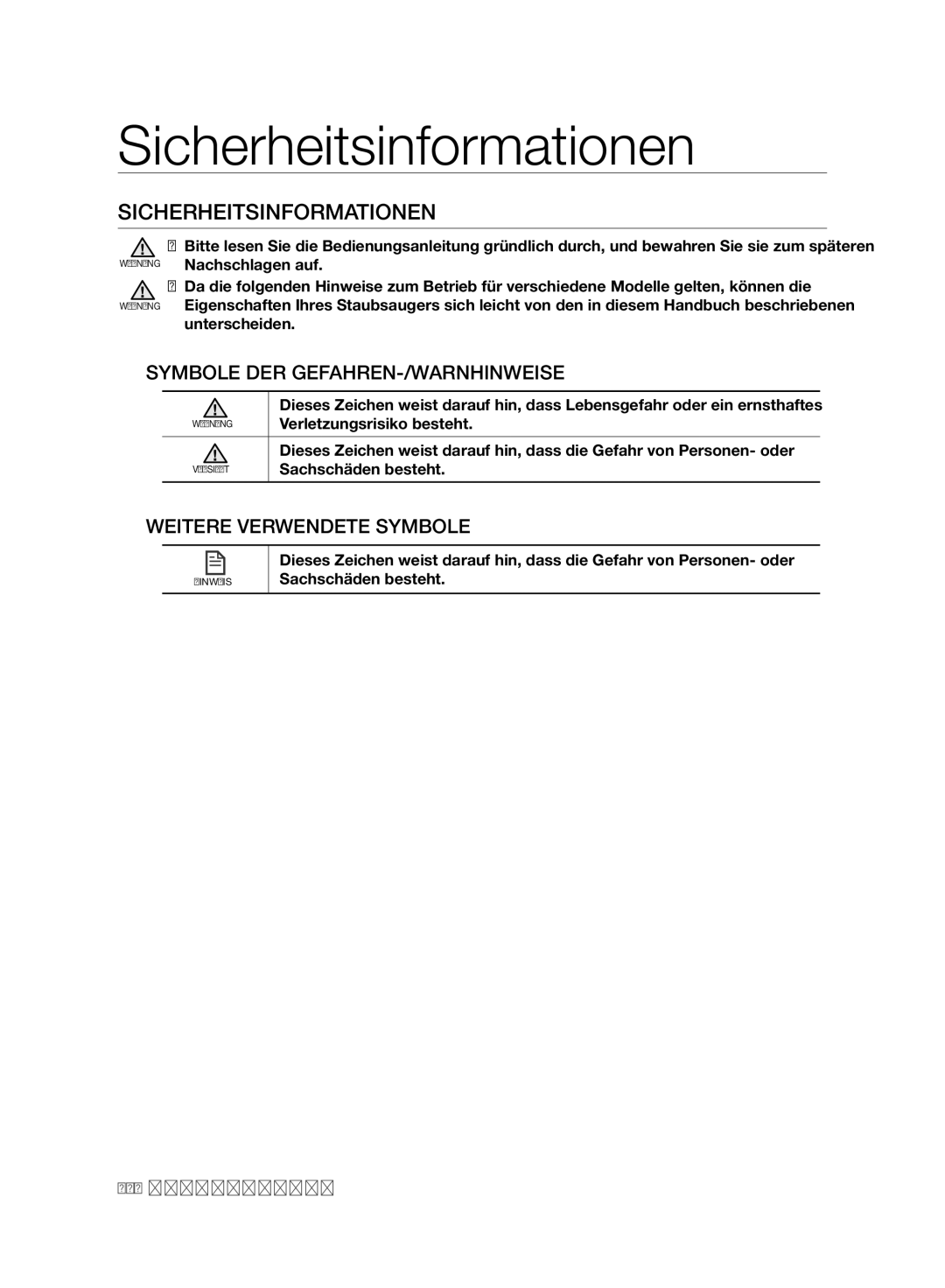 Samsung VCR8980L3K/XET manual Sicherheitsinformationen, Symbole DER GEFAHREN-/WARNHINWEISE, Weitere Verwendete Symbole 