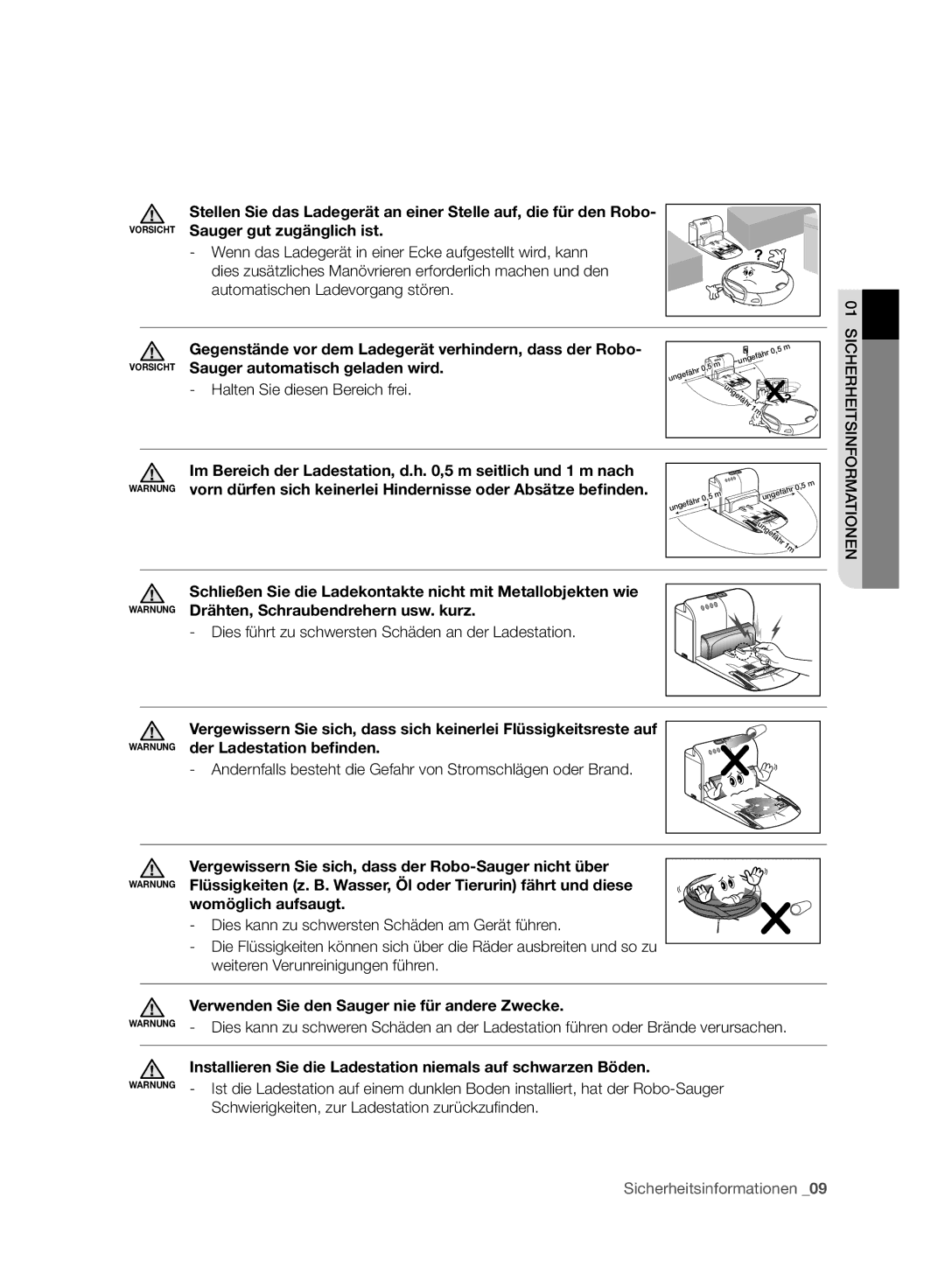 Samsung VCR8980L3K/XEO manual Sauger automatisch geladen wird, Im Bereich der Ladestation, d.h ,5 m seitlich und 1 m nach 