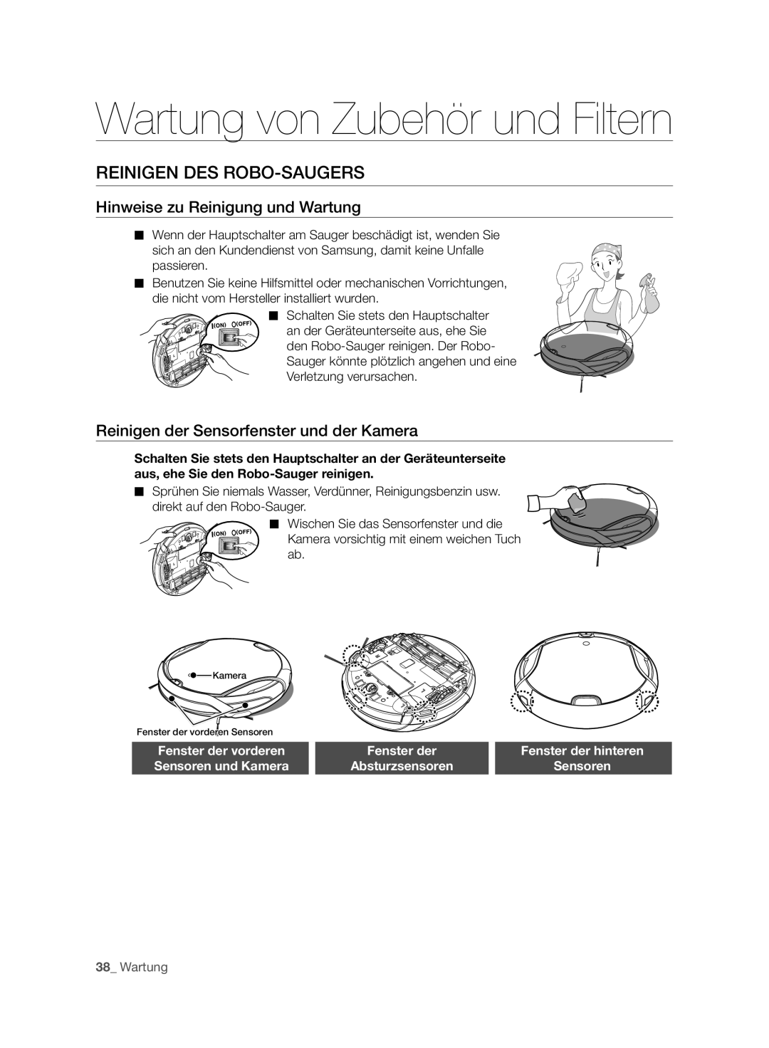 Samsung VCR8980L3K/XEF, VCR8980L3K/XEG, VCR8980L3K/XET manual Reinigen DES ROBO-SAUGERS, Hinweise zu Reinigung und Wartung 