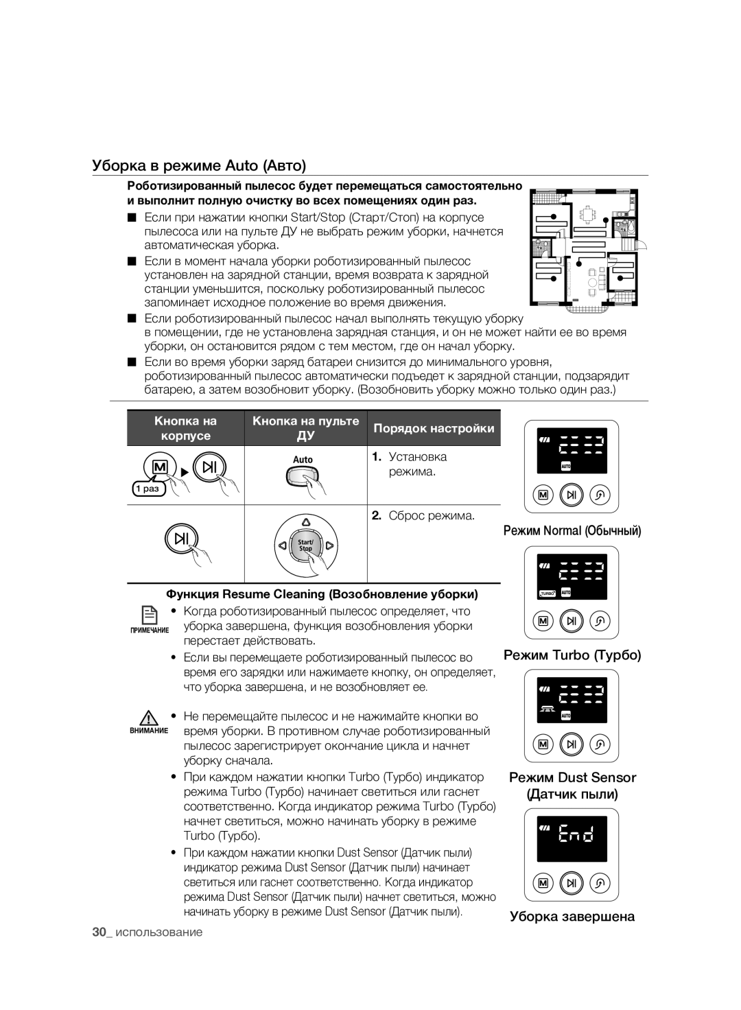 Samsung VCR8980L3K/XEV, VCR8981L3K/XEV manual Уборка в режиме Auto Авто, Установка, Режима, Сброс режима 