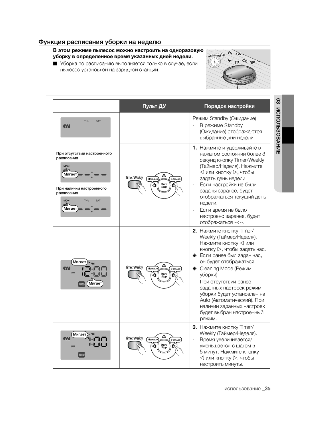 Samsung VCR8981L3K/XEV Функция расписания уборки на неделю, Этом режиме пылесос можно настроить на одноразовую, Пульт ДУ 
