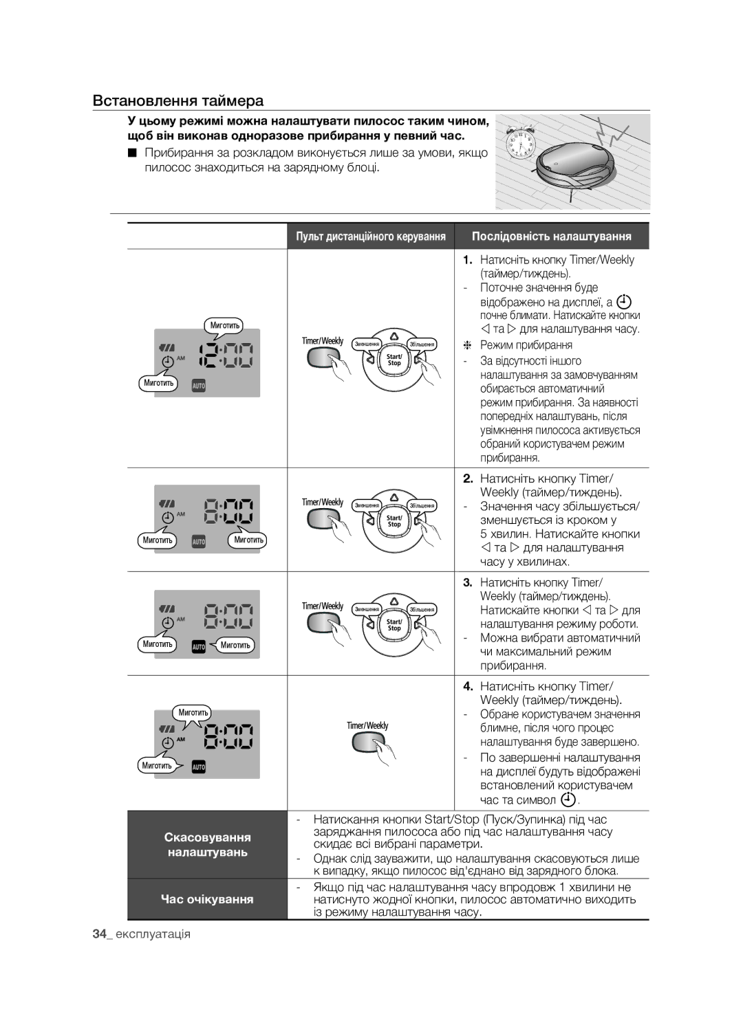 Samsung VCR8980L3K/XEV manual Встановлення таймера, Цьому режимі можна налаштувати пилосос таким чином, Час очікування 