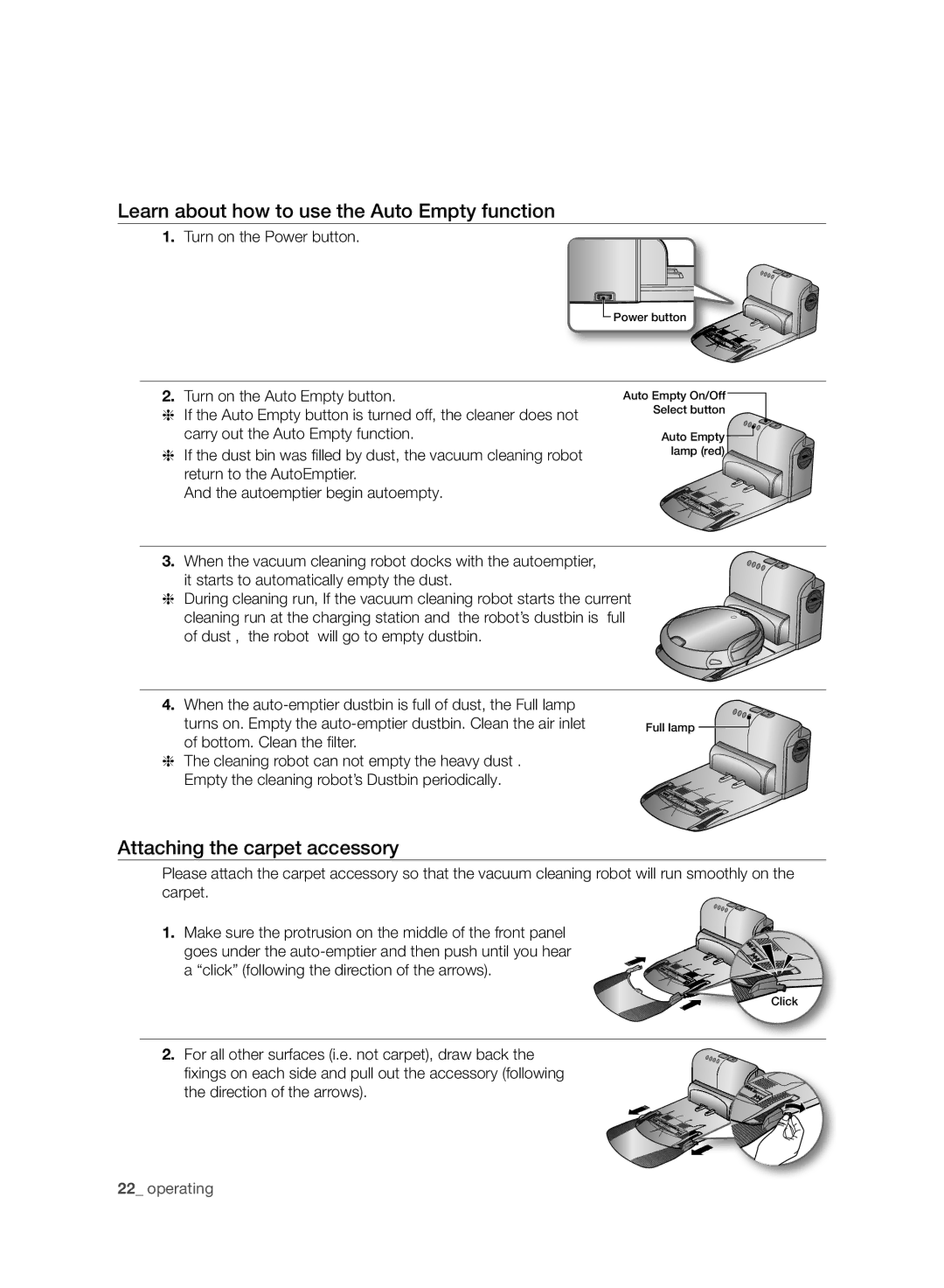 Samsung VCR8980L4K/XEU manual Learn about how to use the Auto Empty function, Attaching the carpet accessory 