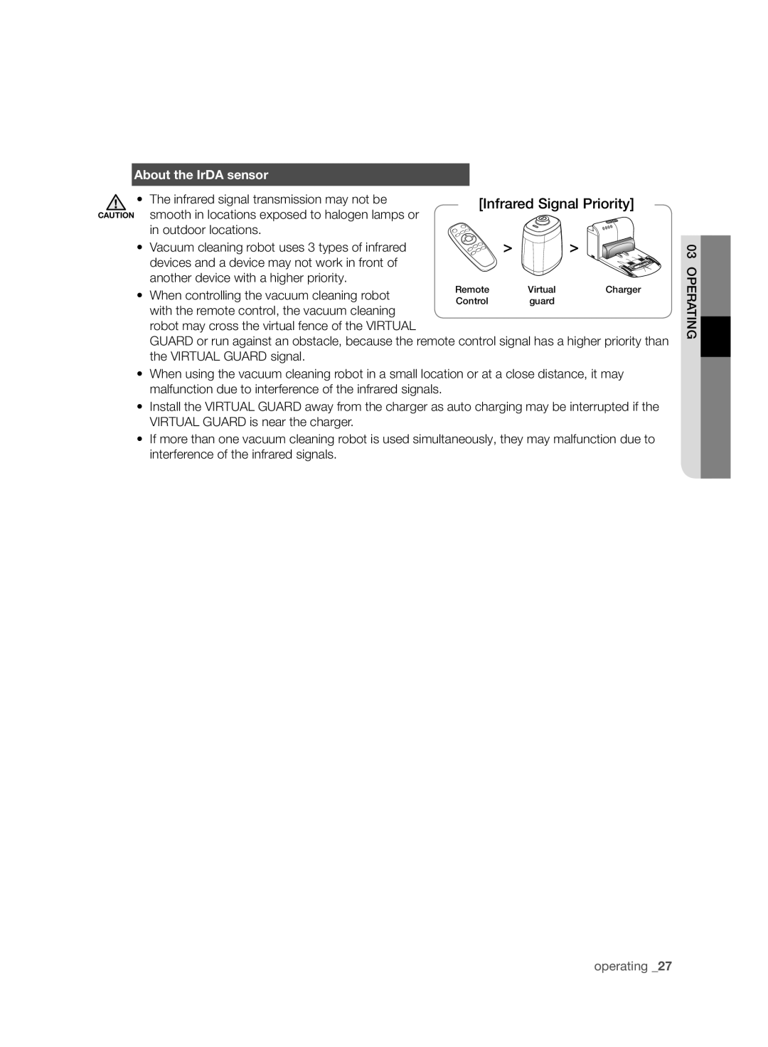 Samsung VCR8980L4K/XEU manual About the IrDA sensor, When controlling the vacuum cleaning robot 