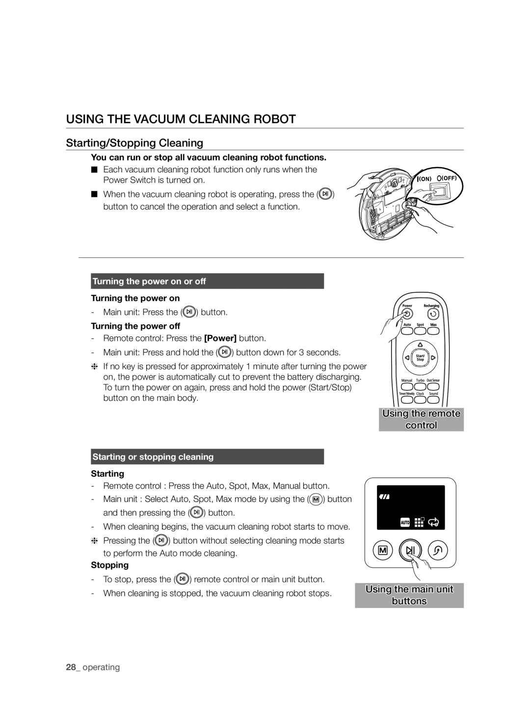 Samsung VCR8980L4K/XEU manual Using the Vacuum Cleaning Robot, Starting/Stopping Cleaning, Turning the power on or off 