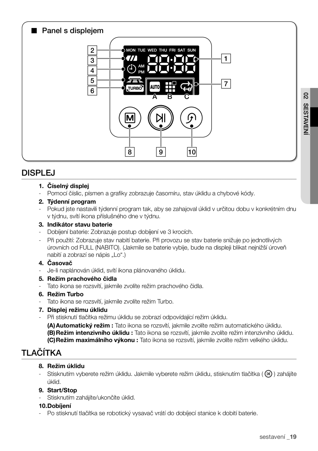 Samsung VCR8981L3B/XEG manual Displej, Tlačítka, Panel s displejem 