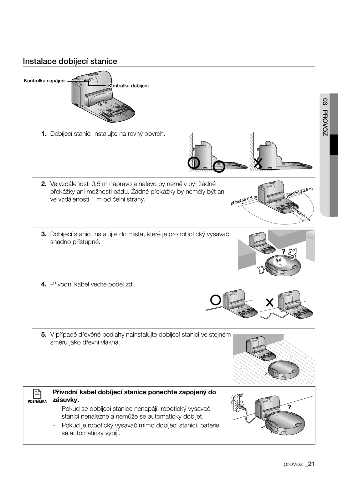 Samsung VCR8981L3B/XEG manual Instalace dobíjecí stanice, Přívodní kabel dobíjecí stanice ponechte zapojený do 