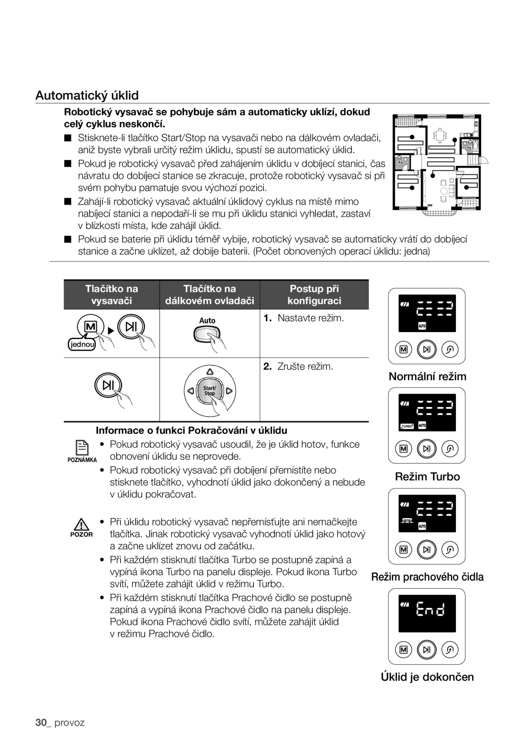 Samsung VCR8981L3B/XEG manual Automatický úklid, Nastavte režim, Zrušte režim, Normální režim 