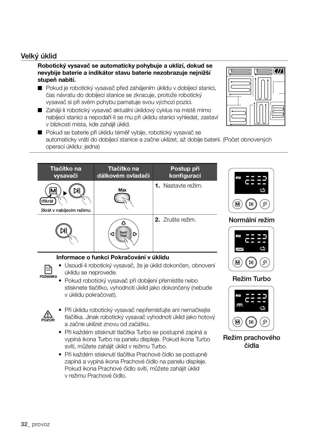 Samsung VCR8981L3B/XEG manual Velký úklid, Zrušte režim Normální režim 