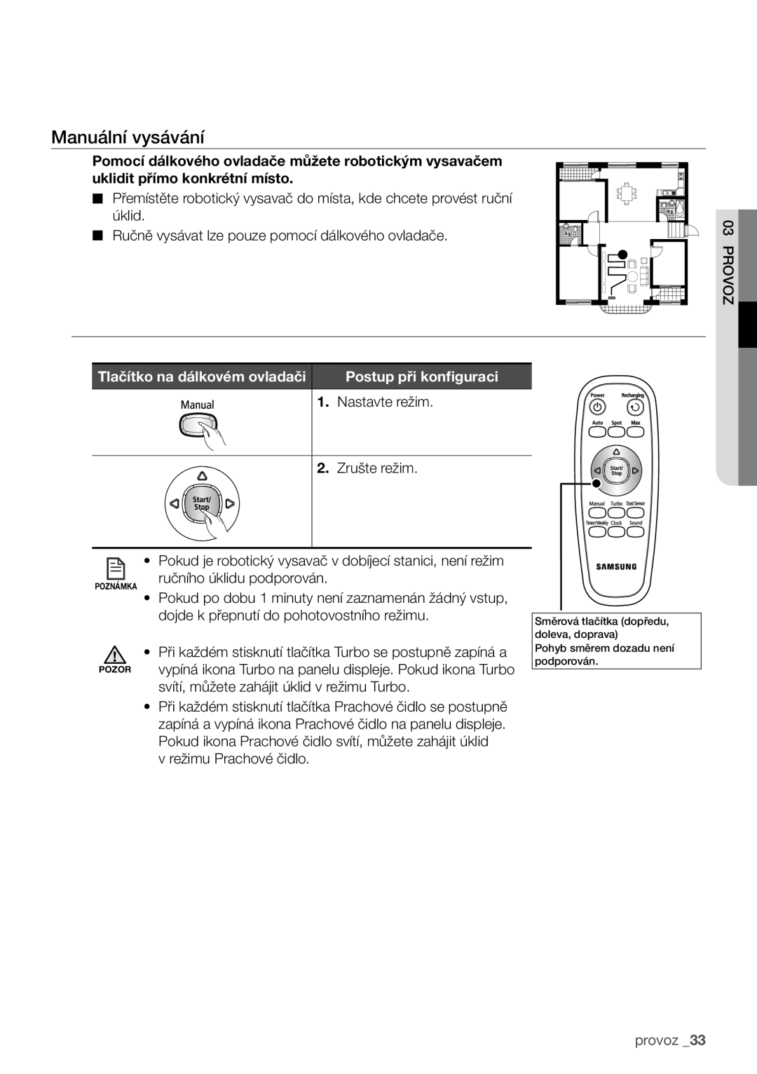 Samsung VCR8981L3B/XEG manual Manuální vysávání, Tlačítko na dálkovém ovladači 