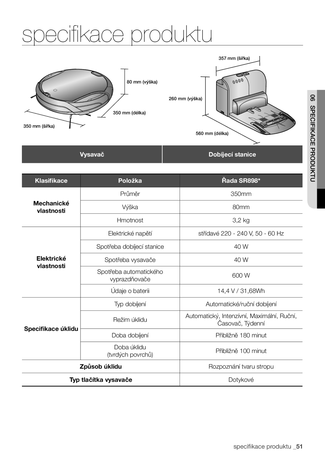 Samsung VCR8981L3B/XEG manual Vysavač Dobíjecí stanice, Řada SR898, Způsob úklidu, Typ tlačítka vysavače 