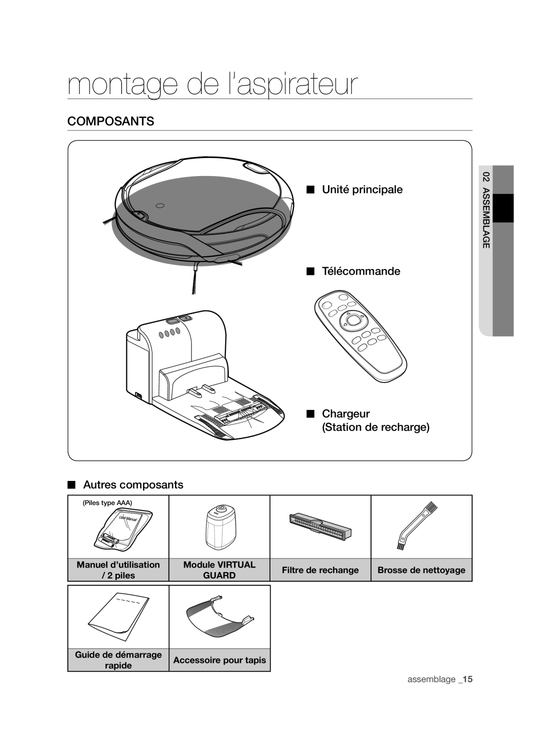 Samsung VCR8988L3K/SWS, VCR8987L3R/SWS manual Montage de l’aspirateur, Composants, Filtre de rechange 