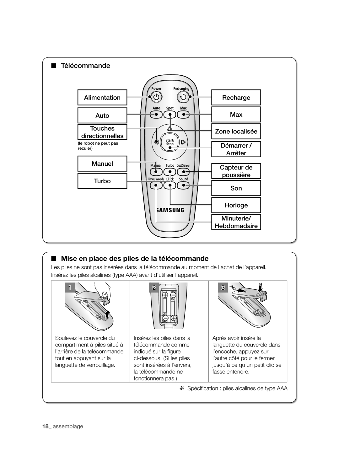 Samsung VCR8987L3R/SWS, VCR8988L3K/SWS manual Mise en place des piles de la télécommande 
