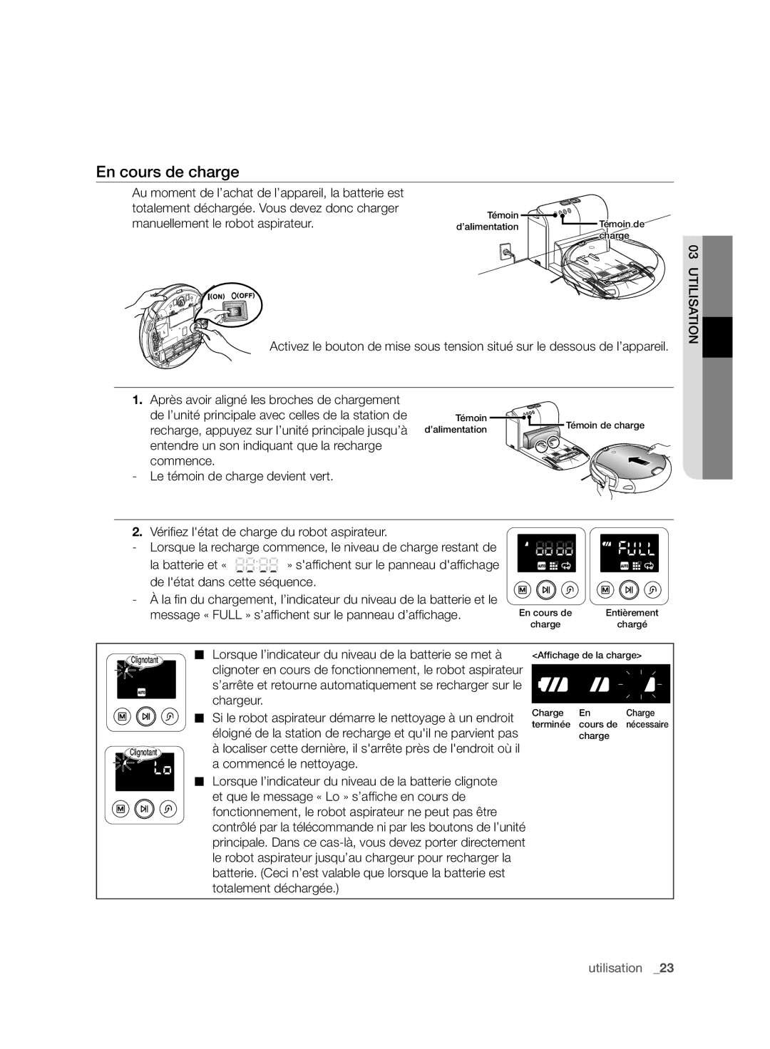 Samsung VCR8988L3K/SWS, VCR8987L3R/SWS manual En cours de charge, Commence Le témoin de charge devient vert 