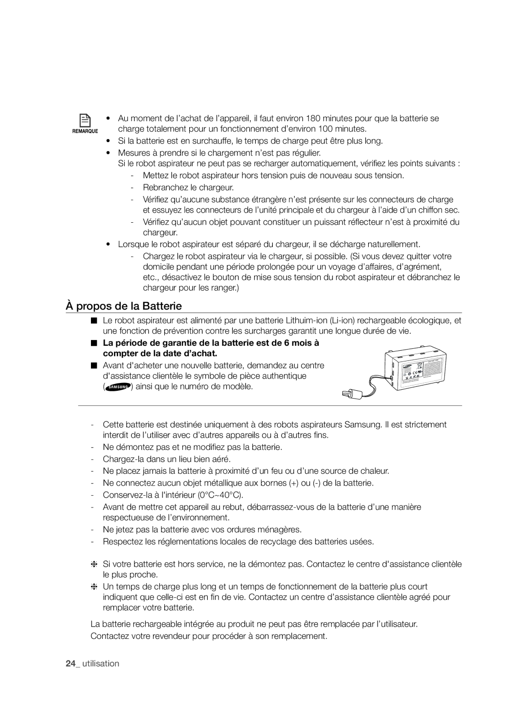 Samsung VCR8987L3R/SWS, VCR8988L3K/SWS manual Propos de la Batterie 