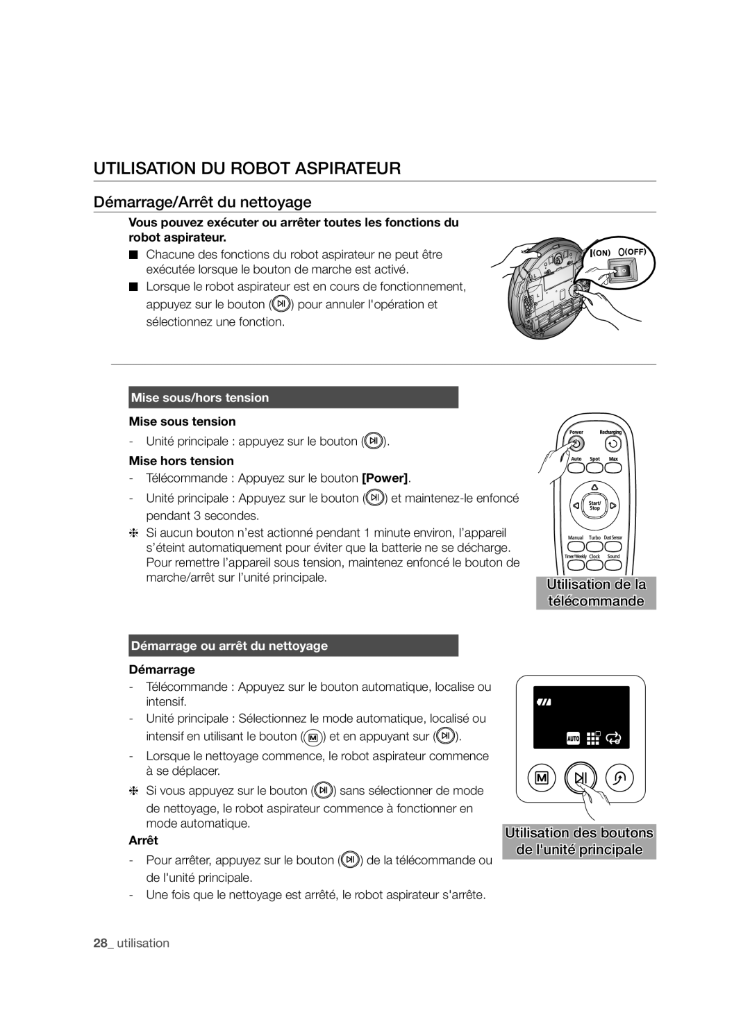 Samsung VCR8987L3R/SWS manual Utilisation DU Robot Aspirateur, Démarrage/Arrêt du nettoyage, Mise sous/hors tension 