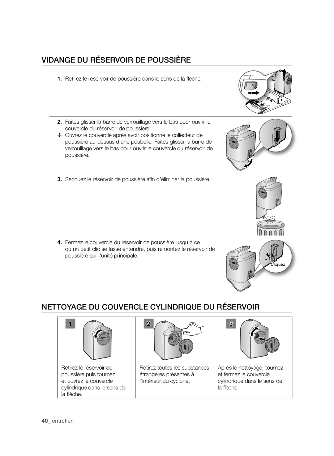 Samsung VCR8987L3R/SWS, VCR8988L3K/SWS Vidange DU Réservoir DE Poussière, Nettoyage DU Couvercle Cylindrique DU Réservoir 