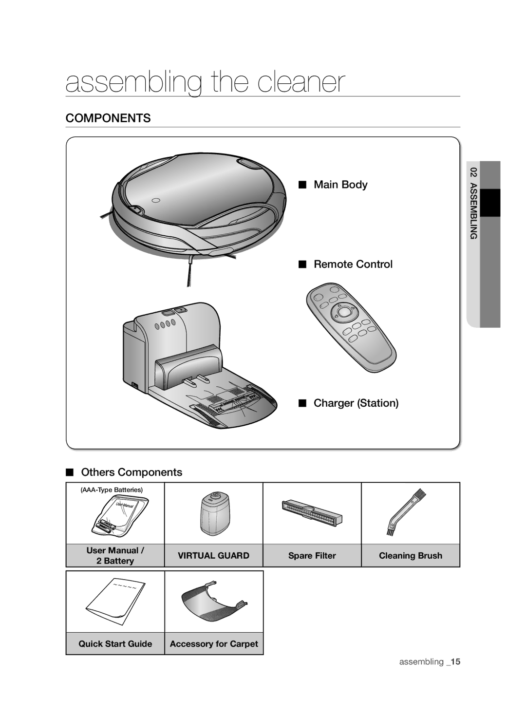 Samsung VCR8988L3K/SWS manual Assembling the cleaner, Main Body Remote Control Charger Station Others Components 