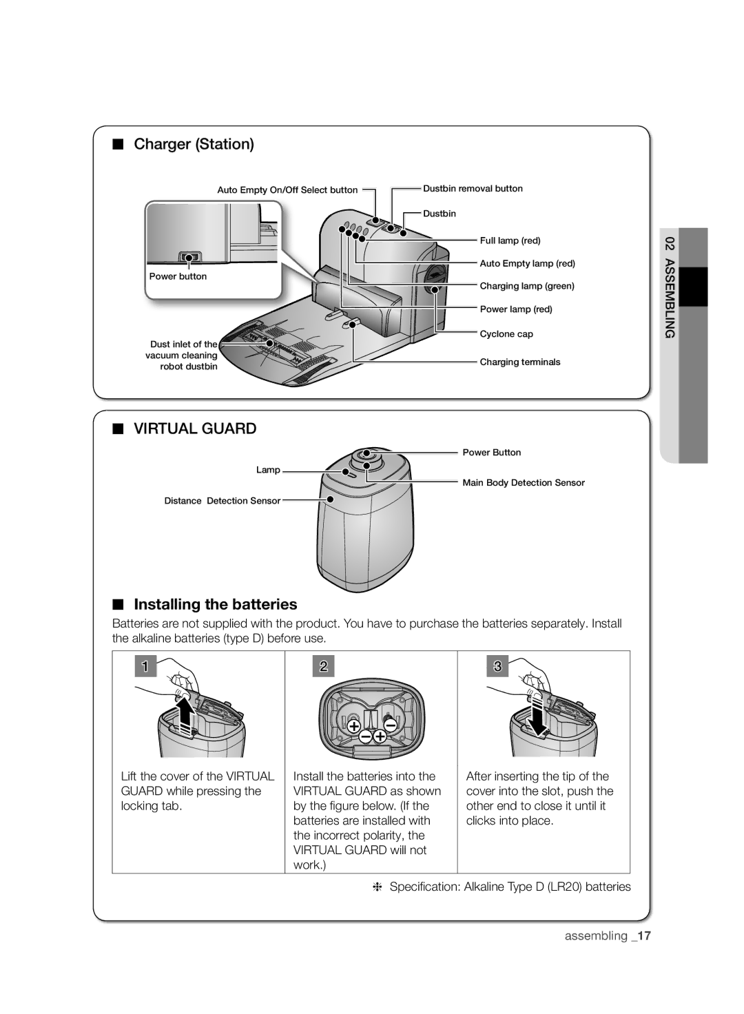 Samsung VCR8988L3K/SWS, VCR8987L3R/SWS manual Virtual Guard, Installing the batteries 