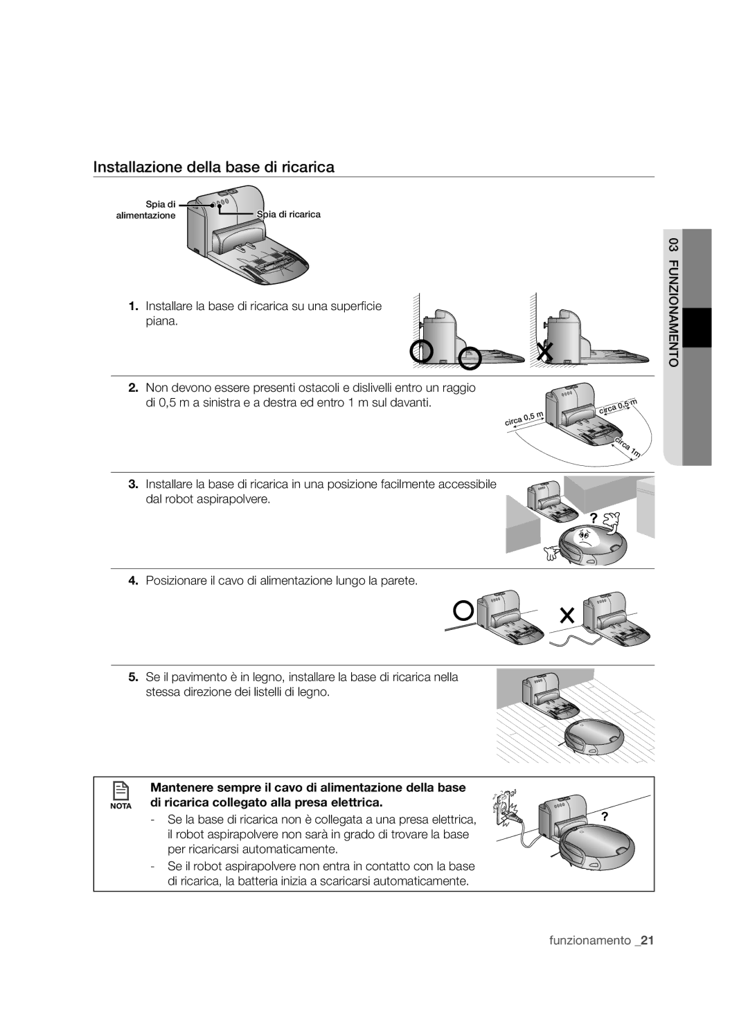 Samsung VCR8988L3K/SWS manual Installazione della base di ricarica, Installare la base di ricarica su una superﬁ cie piana 