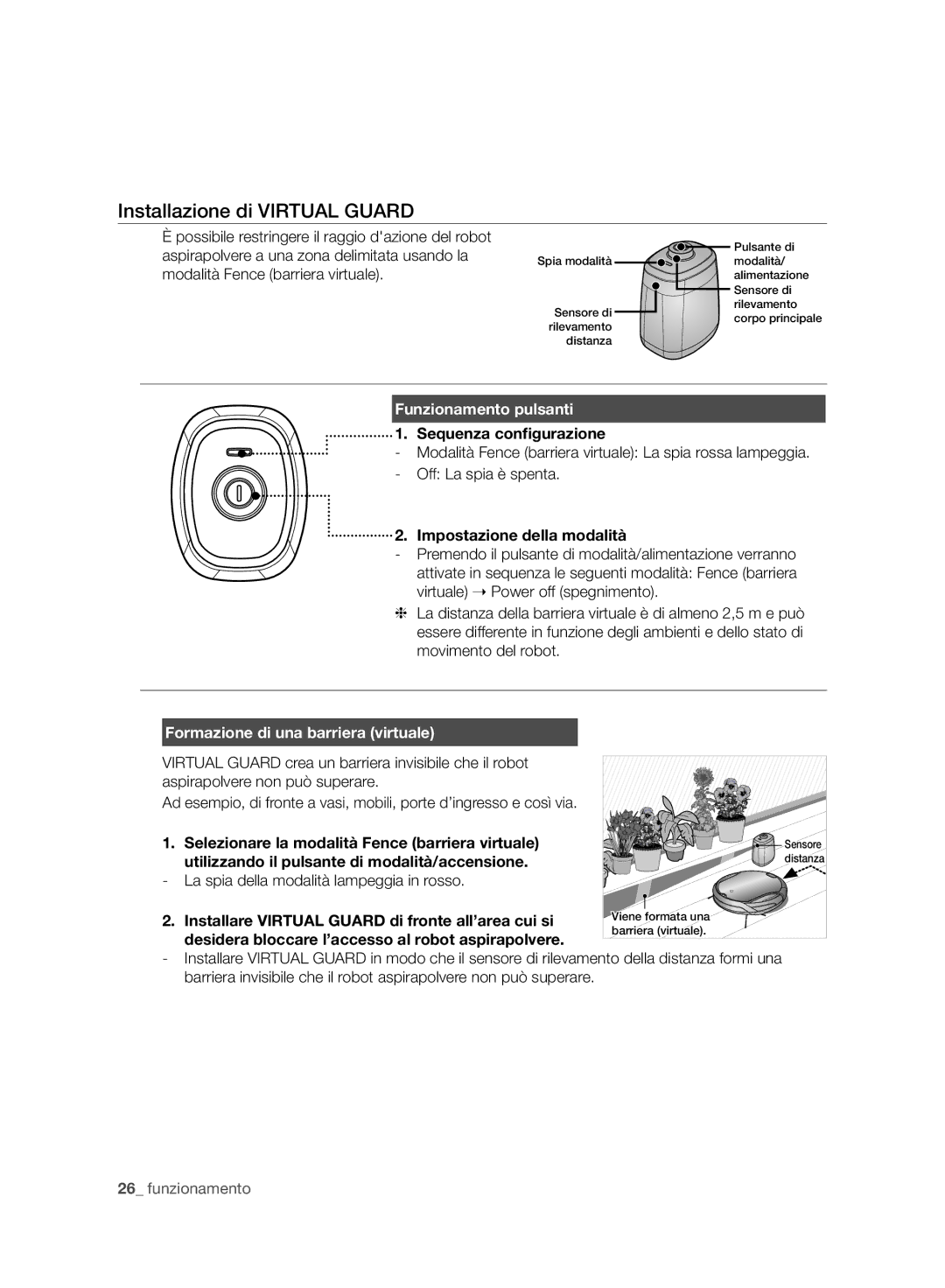 Samsung VCR8987L3R/SWS manual Installazione di Virtual Guard, Funzionamento pulsanti, Formazione di una barriera virtuale 