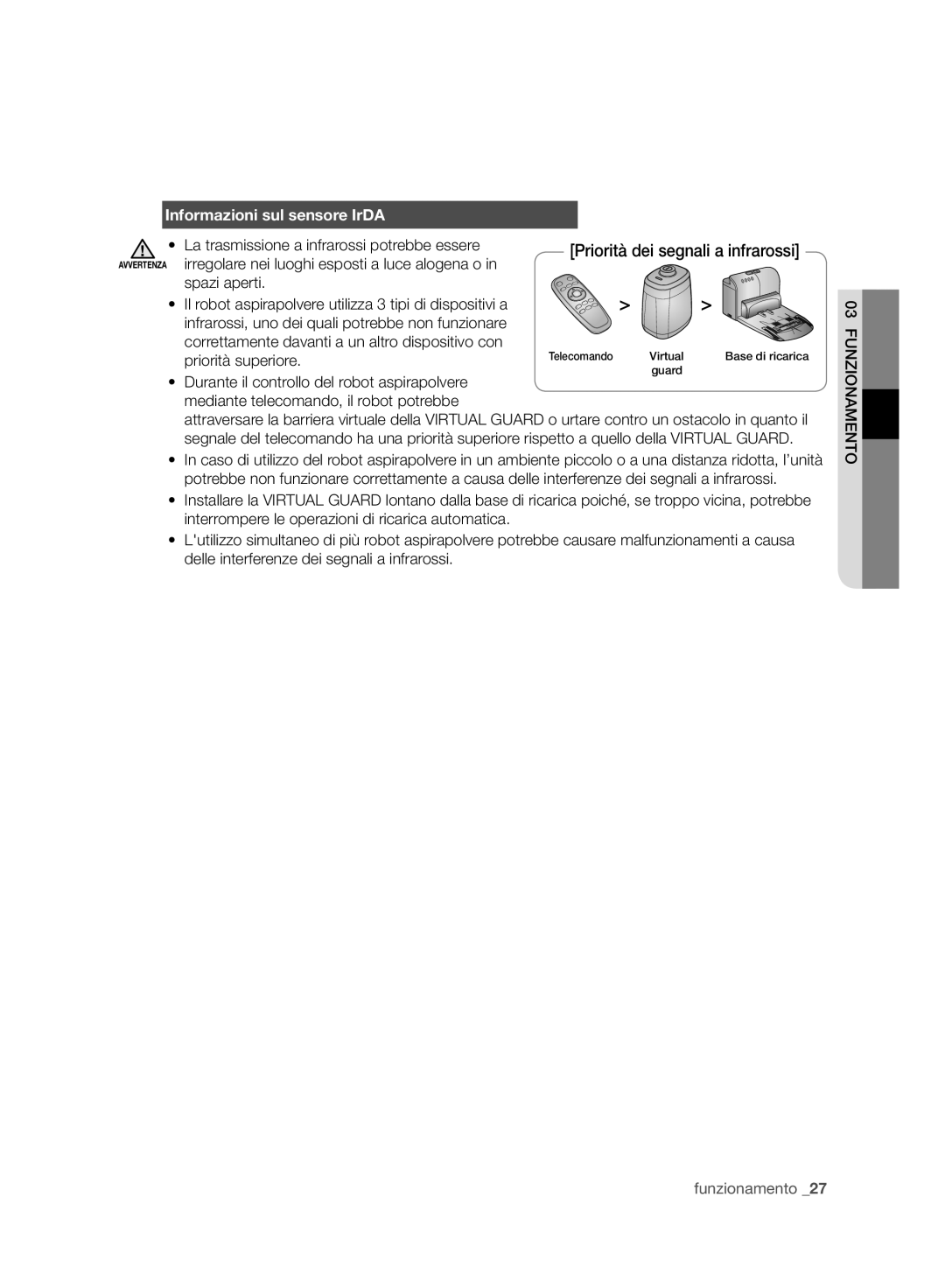 Samsung VCR8988L3K/SWS, VCR8987L3R/SWS manual Informazioni sul sensore IrDA, Priorità superiore 