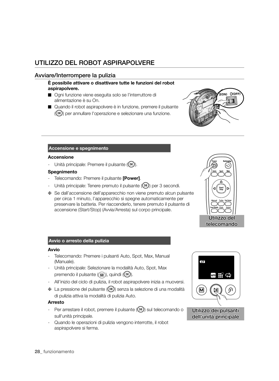 Samsung VCR8987L3R/SWS manual Utilizzo DEL Robot Aspirapolvere, Avviare/Interrompere la pulizia, Accensione e spegnimento 