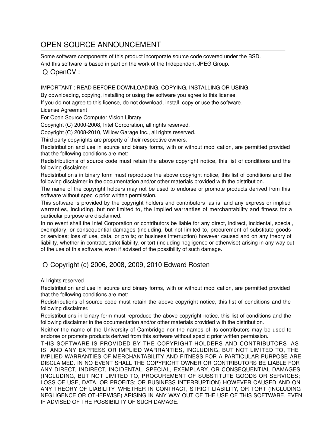 Samsung VCR8987L3R/SWS, VCR8988L3K/SWS manual Open Source Announcement, Copyright c 2006, 2008, 2009, 2010 Edward Rosten 