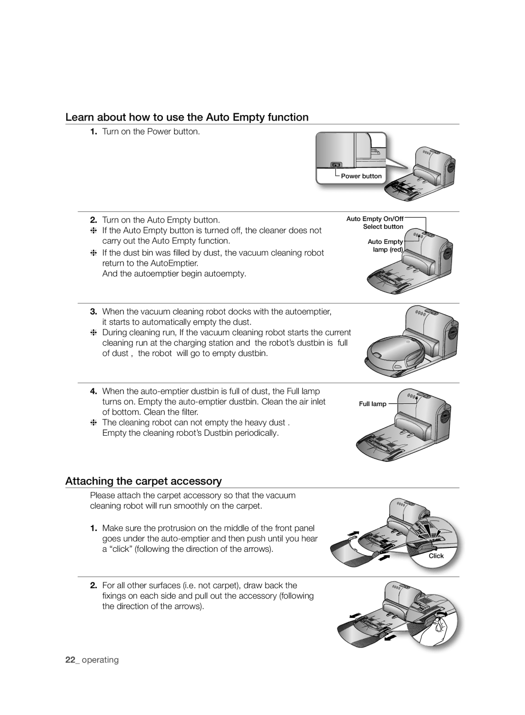 Samsung VCR8987L3R/SWS, VCR8988L3K/SWS manual Learn about how to use the Auto Empty function, Attaching the carpet accessory 