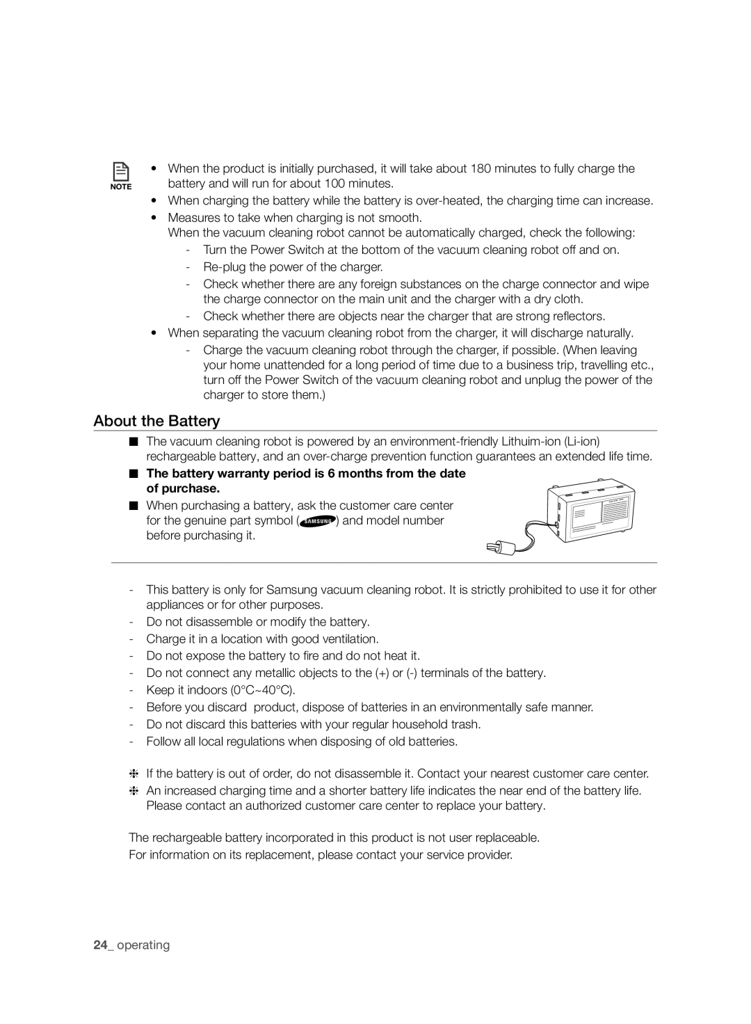 Samsung VCR8987L3R/SWS, VCR8988L3K/SWS manual About the Battery, Battery and will run for about 100 minutes 