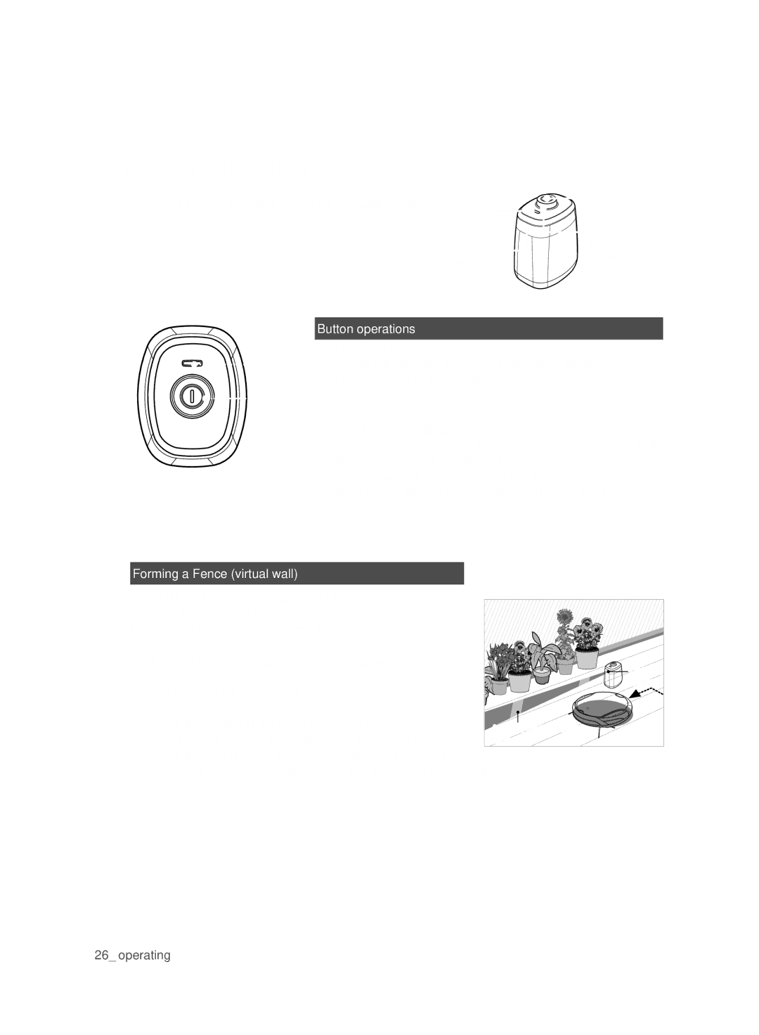 Samsung VCR8987L3R/SWS, VCR8988L3K/SWS manual Installing the Virtual Guard, Button operations, Forming a Fence virtual wall 