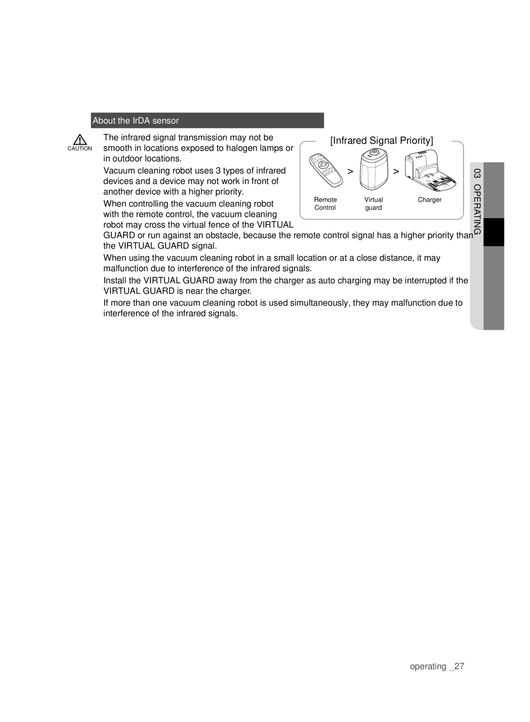 Samsung VCR8988L3K/SWS, VCR8987L3R/SWS manual About the IrDA sensor, When controlling the vacuum cleaning robot 