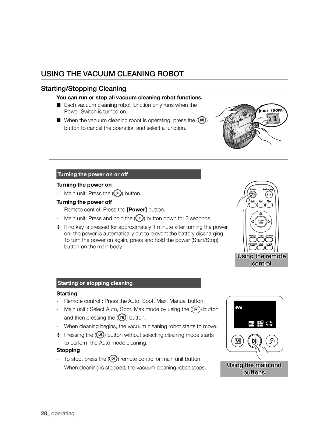 Samsung VCR8987L3R/SWS manual Using the Vacuum Cleaning Robot, Starting/Stopping Cleaning, Turning the power on or off 