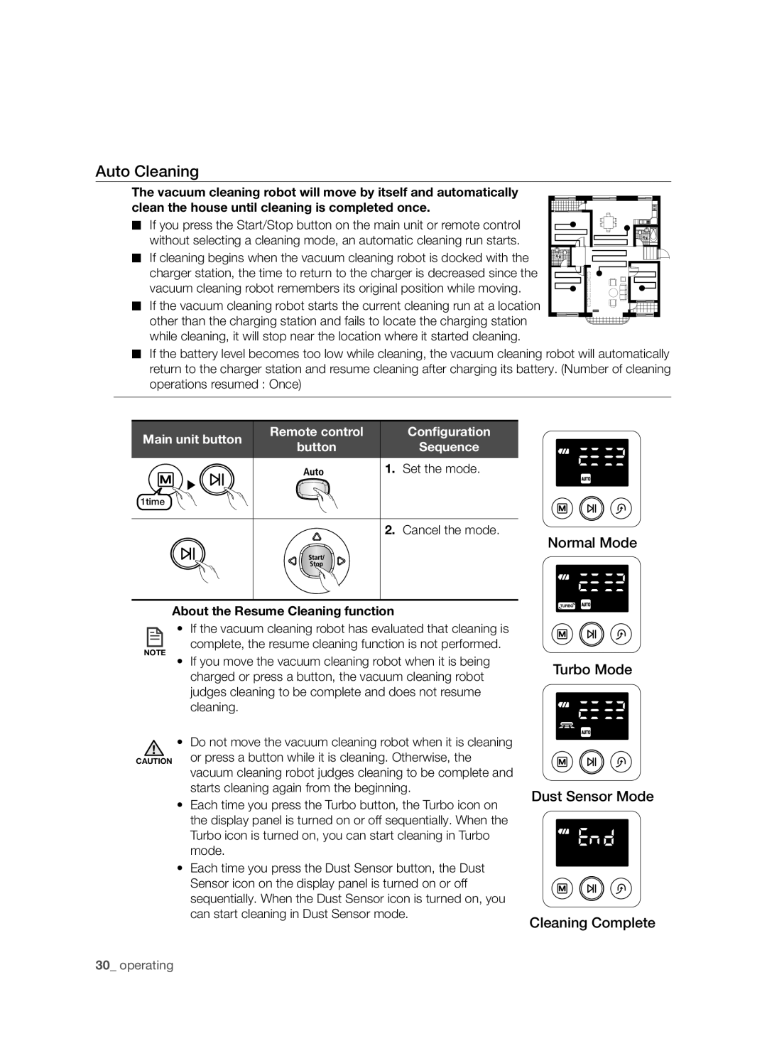 Samsung VCR8987L3R/SWS, VCR8988L3K/SWS manual Auto Cleaning, Button, Set the mode, About the Resume Cleaning function 