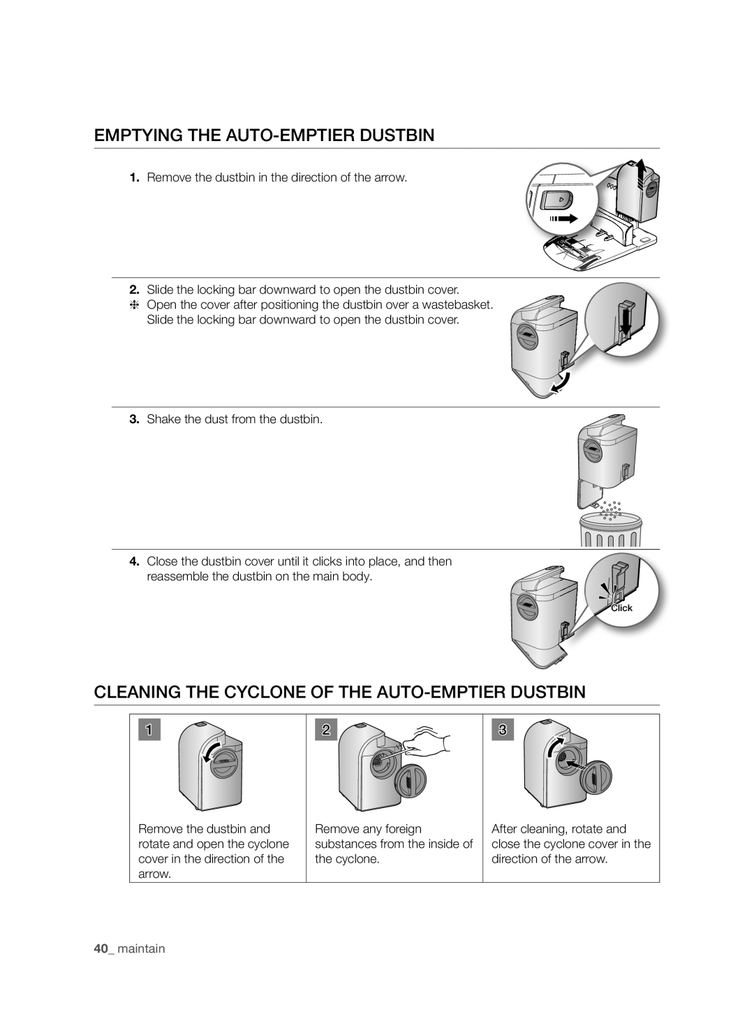 Samsung VCR8987L3R/SWS, VCR8988L3K/SWS Emptying the AUTO-EMPTIER Dustbin, Cleaning the Cyclone of the AUTO-EMPTIER Dustbin 