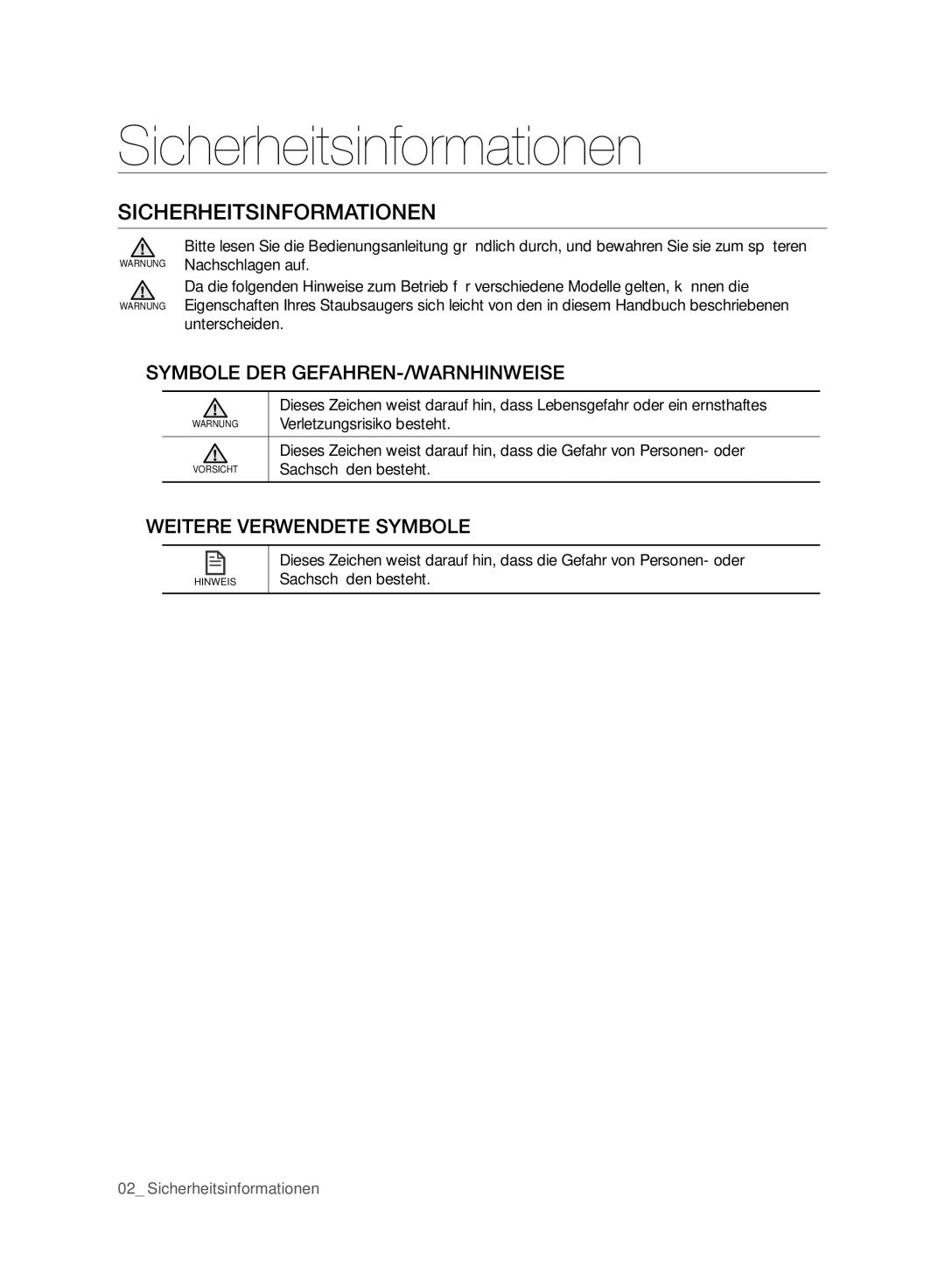 Samsung VCR8987L3R/SWS manual Sicherheitsinformationen, Symbole DER GEFAHREN-/WARNHINWEISE, Weitere Verwendete Symbole 