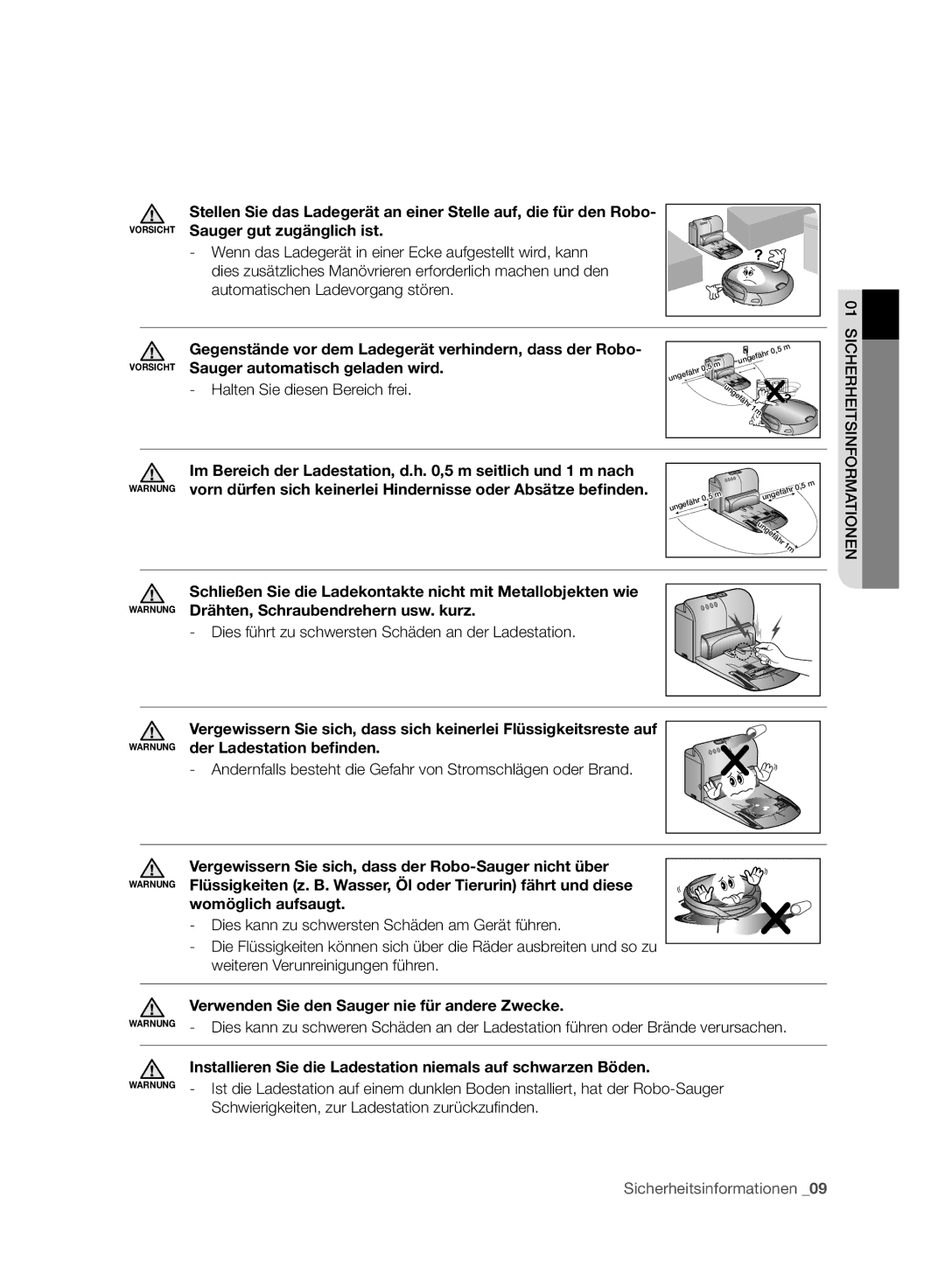 Samsung VCR8988L3K/SWS manual Sauger automatisch geladen wird, Im Bereich der Ladestation, d.h ,5 m seitlich und 1 m nach 