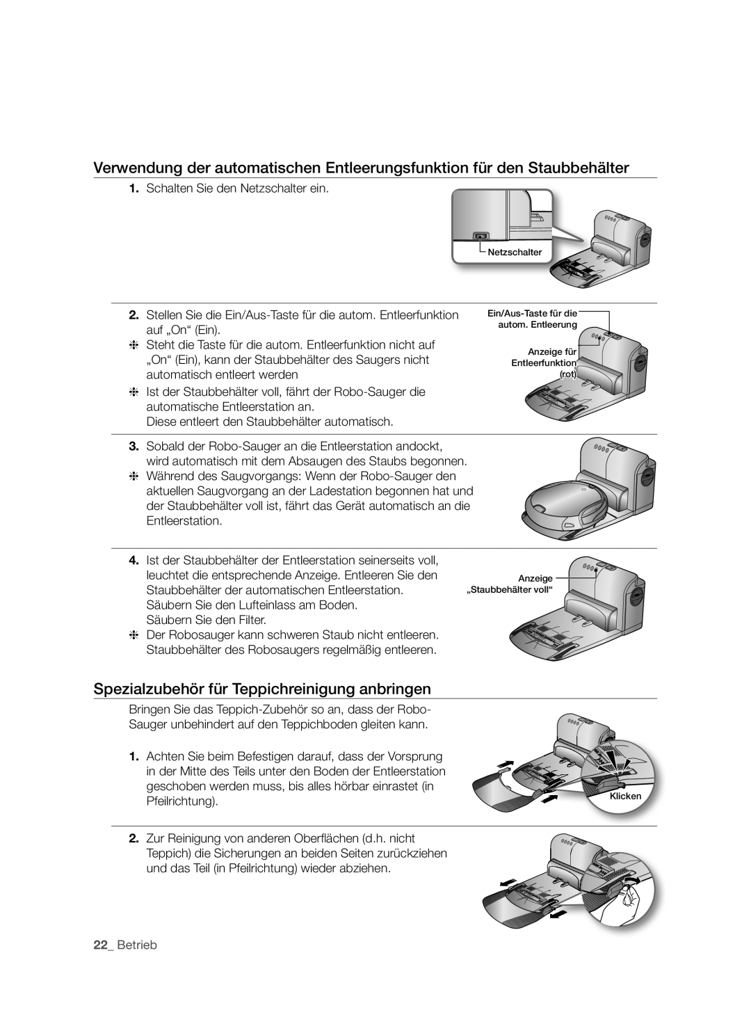 Samsung VCR8987L3R/SWS, VCR8988L3K/SWS manual Spezialzubehör für Teppichreinigung anbringen 