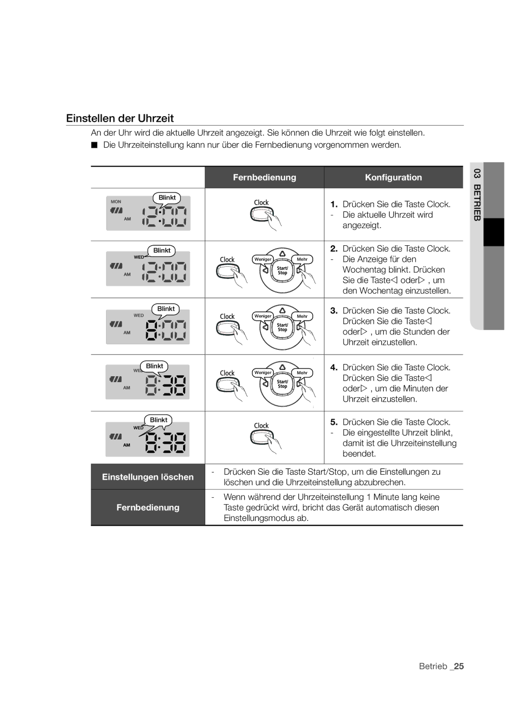 Samsung VCR8988L3K/SWS, VCR8987L3R/SWS manual Einstellen der Uhrzeit, Konﬁguration 