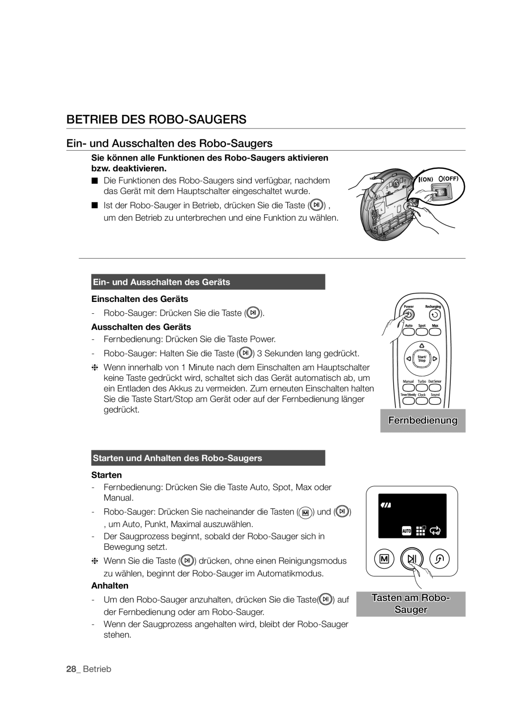 Samsung VCR8987L3R/SWS Betrieb DES ROBO-SAUGERS, Ein- und Ausschalten des Robo-Saugers, Ein- und Ausschalten des Geräts 